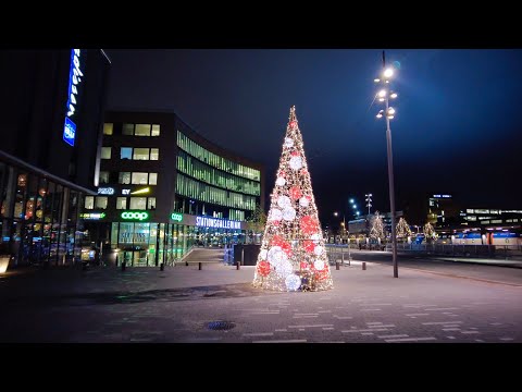 Walking in Uppsala, Sweden - Christmas Lights and Cathedral (4K)