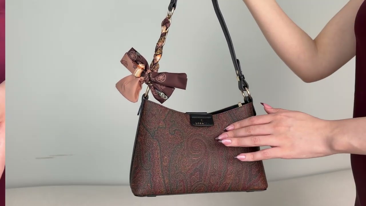 حقيبة كتف بنقشة كلاسيكية مع وشاح - كاكي