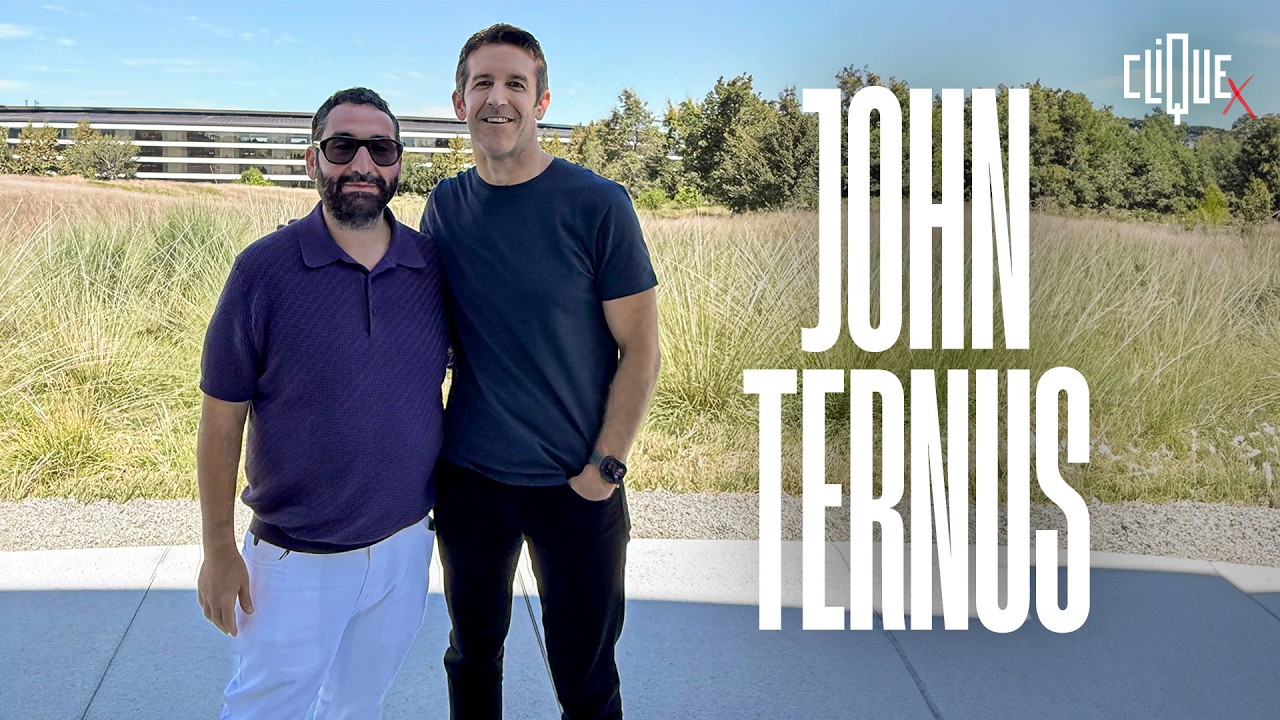 Apple CEO John Ternus standing beside Clique host Mouloud Achour outdoors at Apple Park, with the Clique logo and Ternus's name in large type