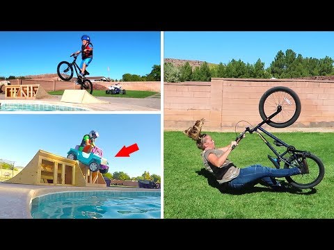Jumping Power Wheels Ride On Fun Cars into Backyard Swimming Pool Goes Funny!!