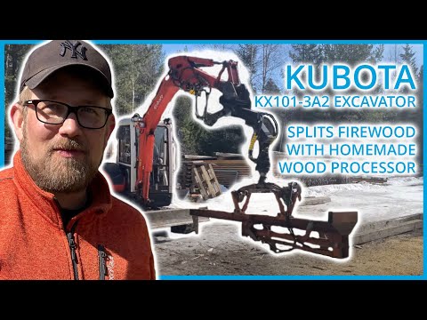 Kubota kx101-3a2 excavator splits firewood with homemade wood processor 🚜🪵