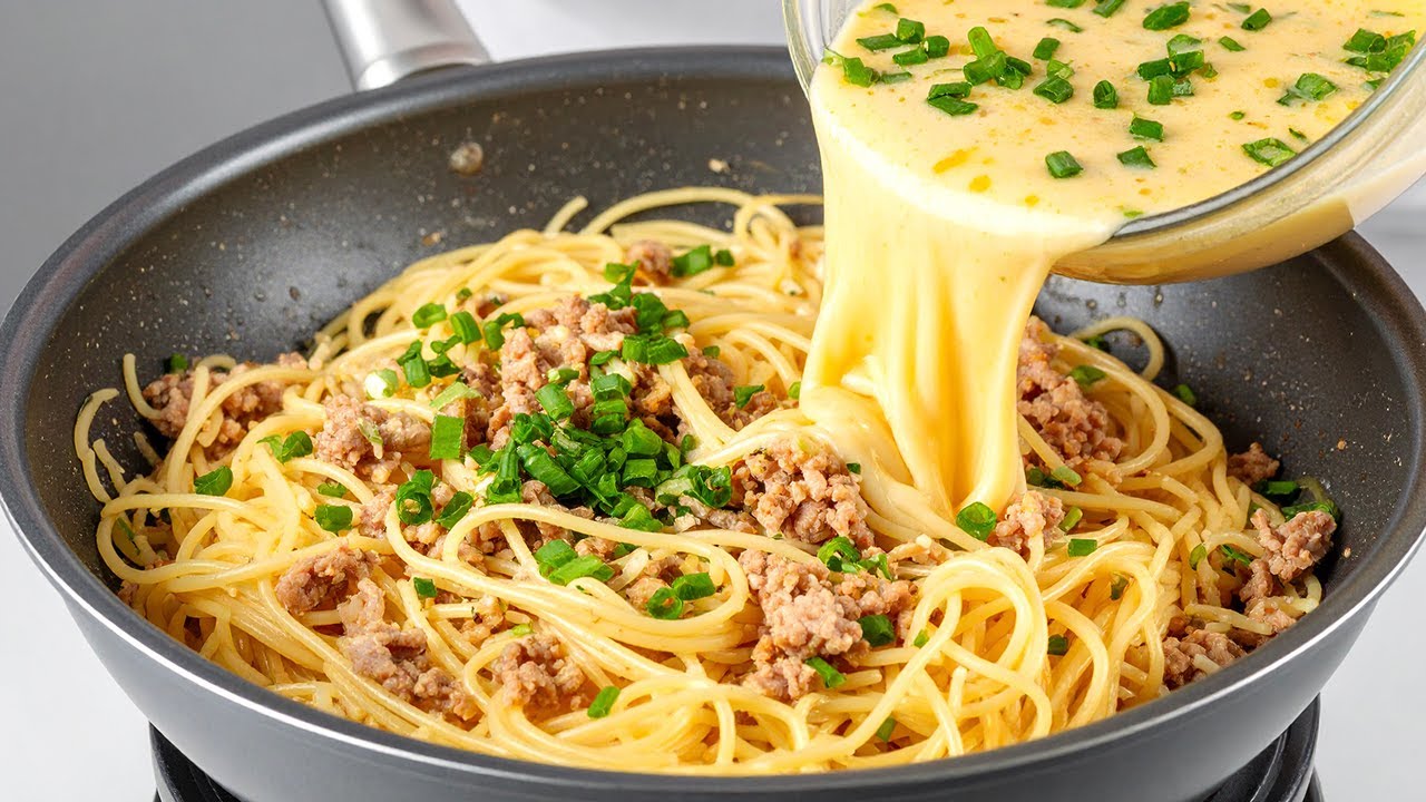 I've never eaten so deliciously! Pasta, eggs and minced meat! Quick and easy recipe!