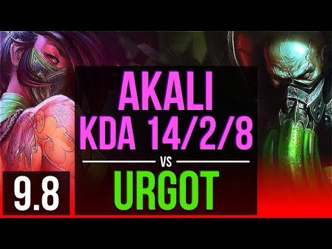 Climb the ladder as AKALI vs URGOT (TOP) | KDA 14/2/8, 2 early solo kills | NA Challenger | v9.8