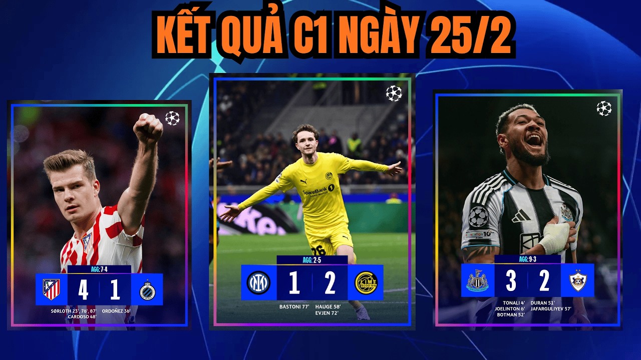 Kết Quả Champions League Ngày 25/2: Á Quân Inter Cay Đắng Rời Giải - Newcastle Xuất Sắc Đi Tiếp