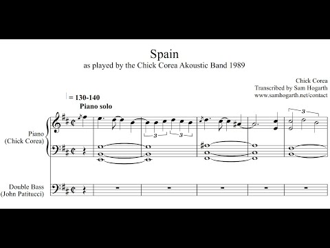 Chick Corea "Spain" complete piano transcription plus bass (John Patitucci) from Akoustic Band 1989