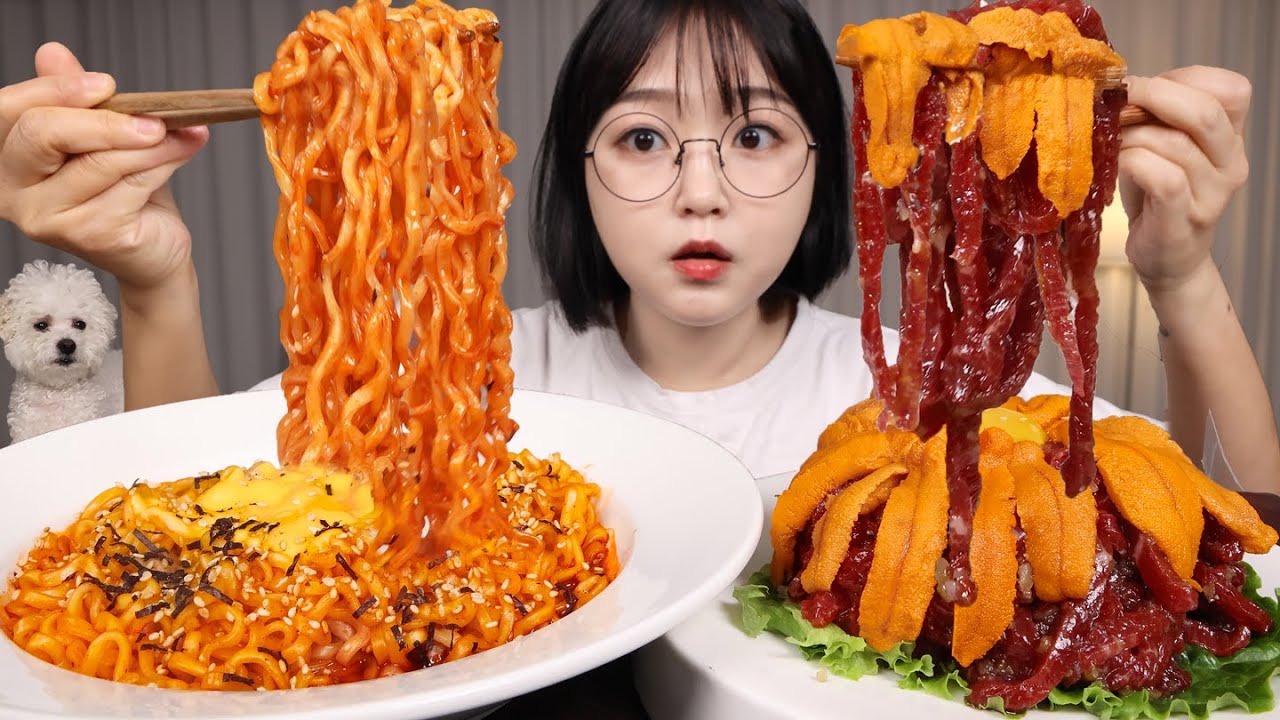 사르르 녹는 우니육회 & 매콤한 불닭볶음면 먹방🥩🔥Korean Beef Tartare with Uni & Spicy Buldak Noodles Mukbang ASMR