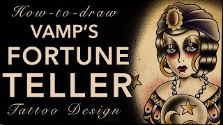 How to Draw a Traditional Tattoo FORTUNE TELLER Old School Pin-up Design - Coloring Book Page
