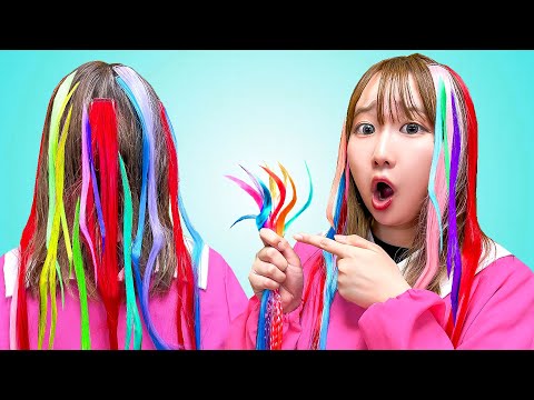 【寸劇】魔法のカラフル髪の毛に大変身！魔法のかみでシール帳ゲット！？スーパーカラフル髪の毛で宿題もお野菜も克服できちゃう！小学生が幼稚園児の妹とおうちで美容室ごっこ遊び♪【シール帳】