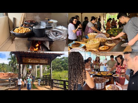 ALMOÇO CAIPIRA NA FAZENDA, SUÃ COM ARROZ, CARNE DE LATA E MUITA GENTE.