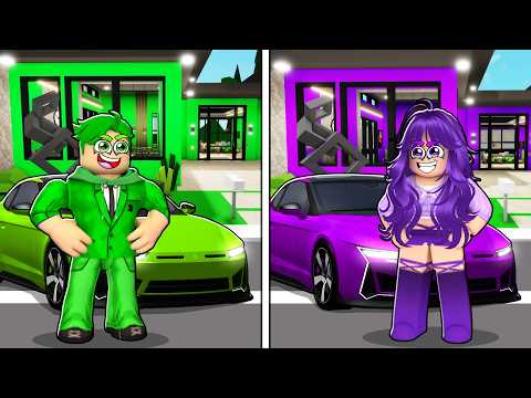 روبلوكس ماب البيوت🏡:تحدي الاولاد ضد البنات ممنوع نستخدم إلا لون واحد لمدة 24 ساعة 💜💚 (مين فاز؟ 😱)