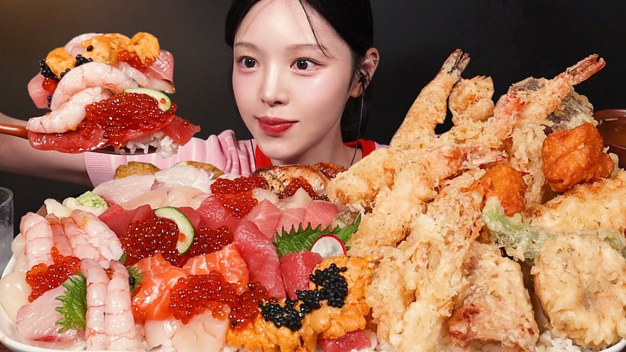 SUB)주문하신 카이텐동 나왔습니다🍱 두툼한 회덮밥에 바삭끝판왕 튀김 텐동 먹방! Crispy Tempura & Sashimi Rice