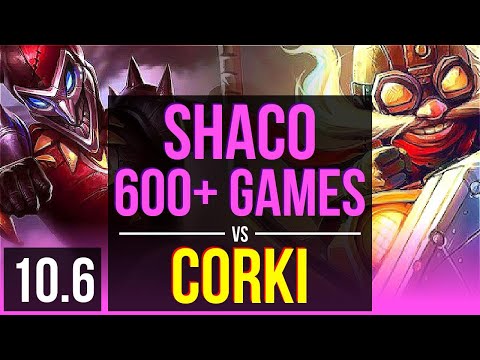 SHACO vs CORKI (MID) | 600+ games, KDA 4/0/1 | EUW Grandmaster | v10.6