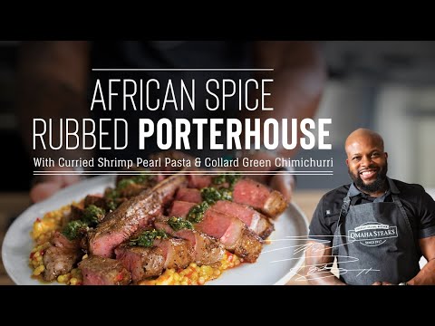 African Spice-Rubbed Porterhouse with Curried Shrimp Pearl Pasta & Collard Green Chimichurri