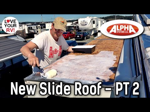 Alpha Systems SuperFlex RV Roof Installation (Part 2) Gluing New Membrane & Resealing Trim/Flashing