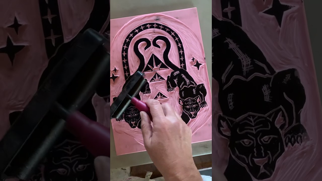 Panther Rising work in progress linocut block print by Rebecca Lee Kunz