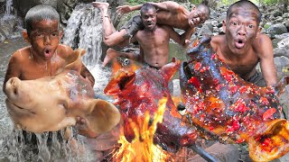 Primitive Technology   Wild Jungle Cooking Pig Head Adventure Eatind