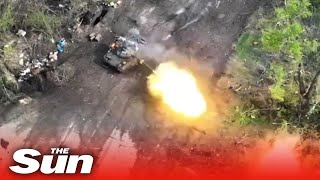 Ukraine forces unit fire anti-tank missiles at a Russian T-80BVM tank in Kharkiv