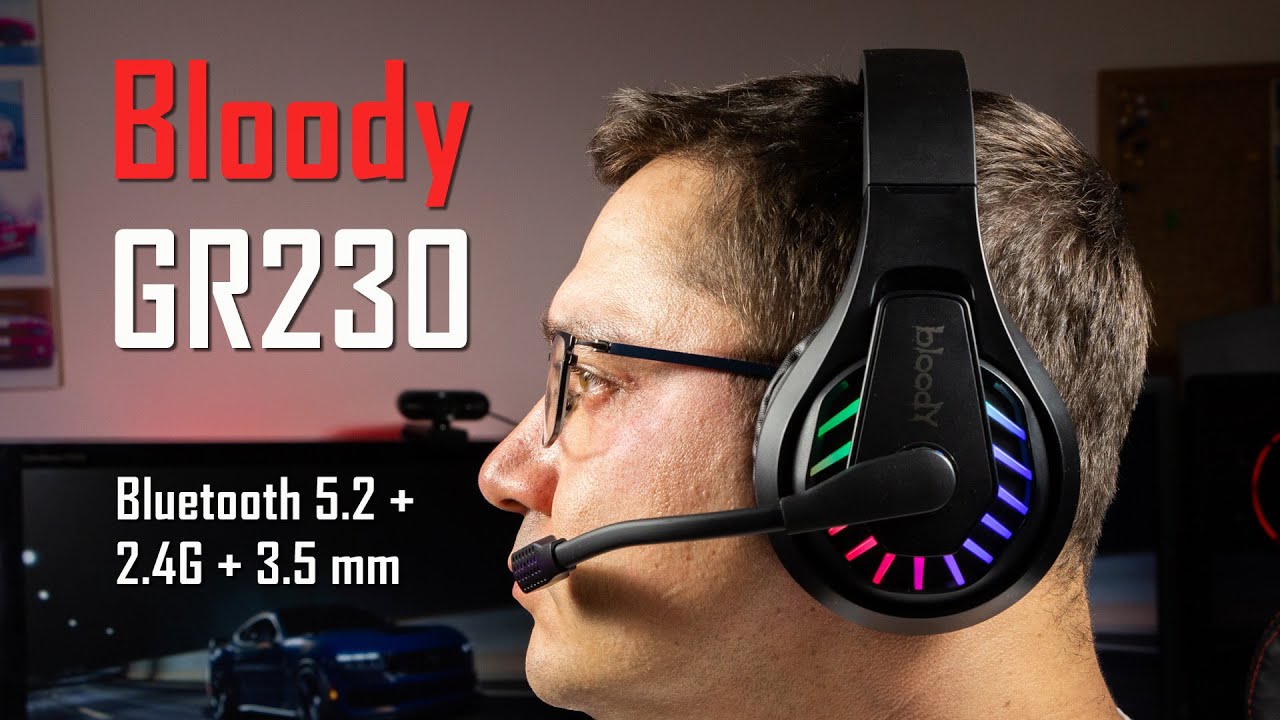 Гарнітура ігрова Bloody GR230 з LED підсвічуванням, чорний колір, Bluetooth v5.2 + 2.4GHz + 3.5 Jack