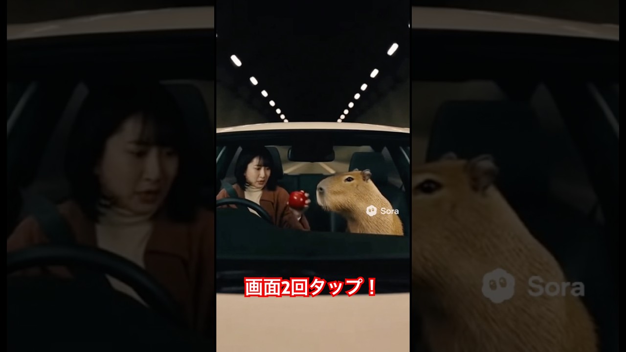 深夜のトンネルでカピバラの幽霊にリンゴを投げる#ai