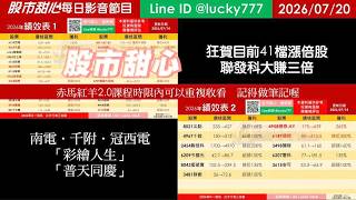 0720【甜心盤後節目】【赤馬紅羊2.0課程持續開放報名／記得重複觀看及做筆記】狂賀目前累計41檔長輩股，發哥大賺三倍！南電．千附．冠西電．彩繪人生．普天同慶！／諮詢專線變更為0266321068
