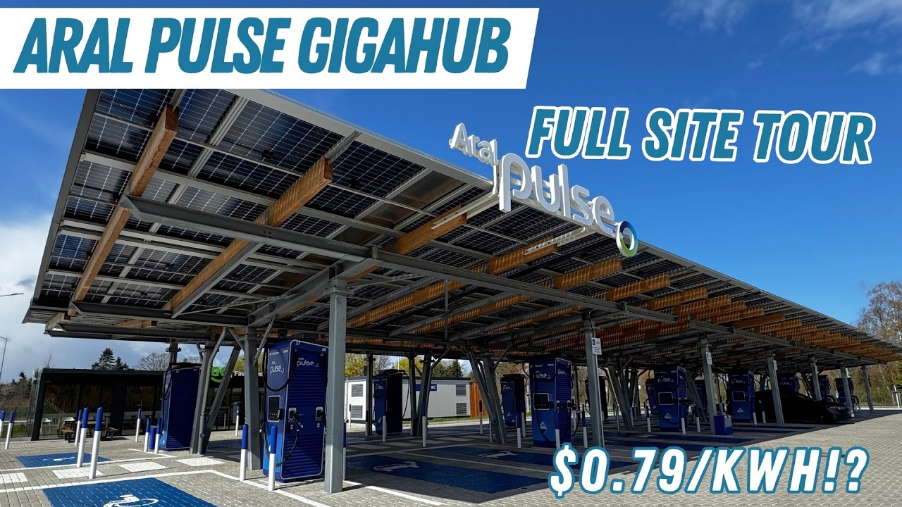 Aral Pulse Gigahub flagship EV charging station in Mönchengladbach, Germany, showing covered chargers and solar roof