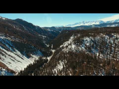 Snow melts, spruce trees, silhouettes of mountains. Landscape Siberia