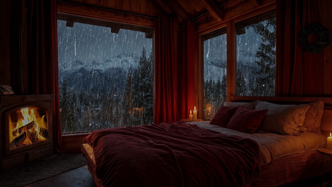 🔥 Cozy Cabin Heavy Rain 24/7 | 🌧️ Rain Sounds & Crackling Fireplace for Deep Sleep