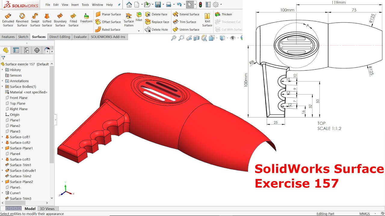 Solidworks Advanced Surface tutorial Exercise 157