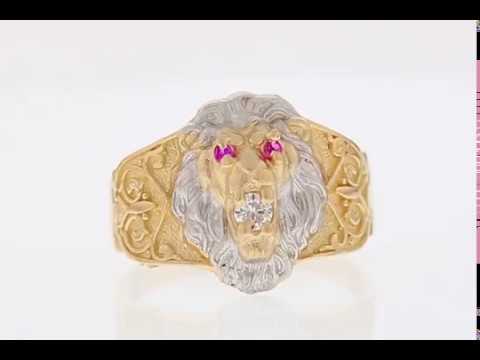 Two-Tone Gold Lion Head Red & White CZ Mens Ring (JL#2055)