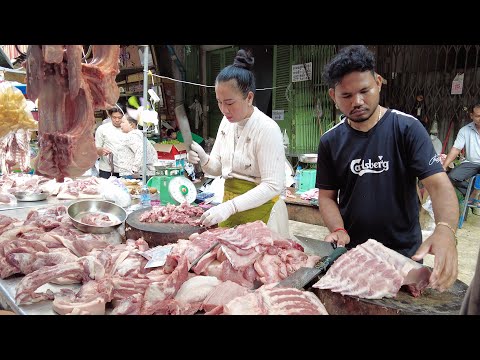 Phnom Penh Food Market Scenes at Orussey Market: Fresh Meat, Vegetables, Chicken, Fish & More