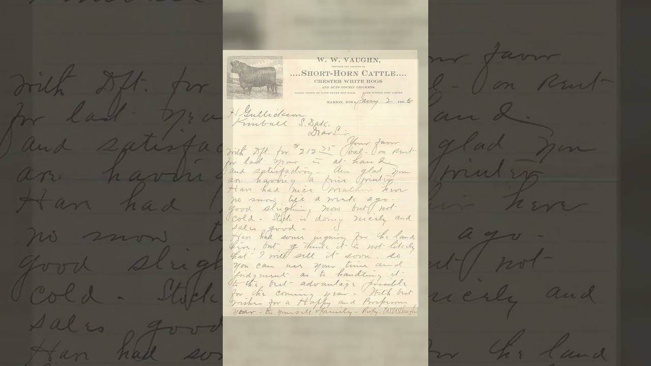 1906 Marion Iowa Short-Horn Cattle Farm Letter w/ Cover – W.W. Vaughn Livestock Video