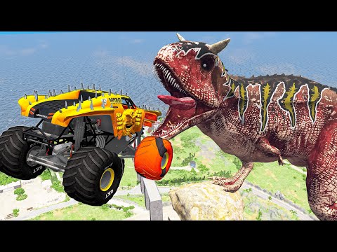 Cars Jump into Giant Dinosaur Mouth - Beamng drive | TornMetal