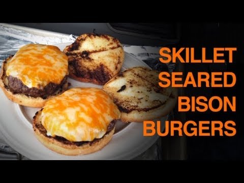 Skillet Seared Butter Bison Burgers with cheese and...