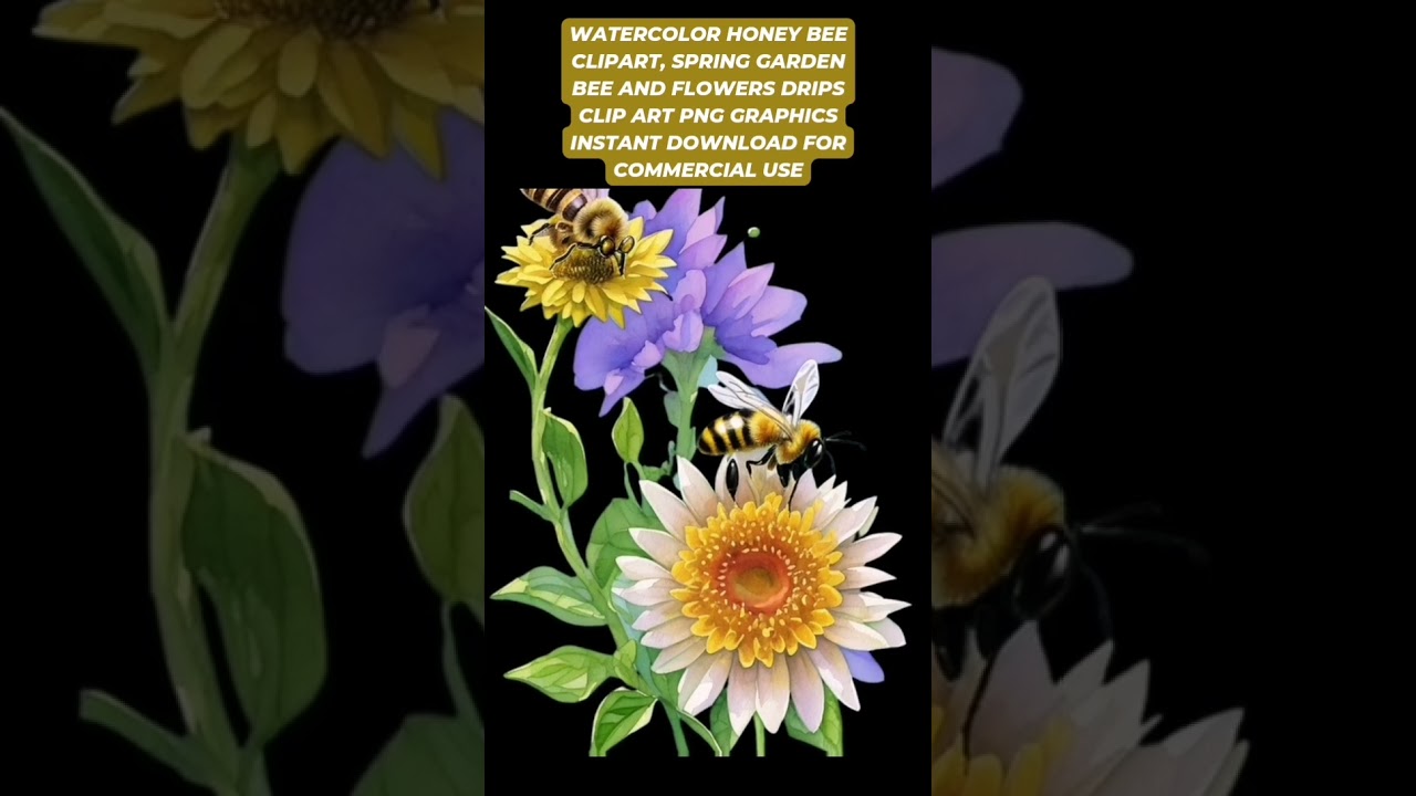 Watercolor Honey Bee Clipart, spring garden bee and flowers drips clip art