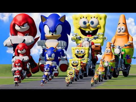Big & Small: Sonic vs Knuckles vs SpongeBob vs Patrick on a motorcycle vs Trains | BeamNG.Drive