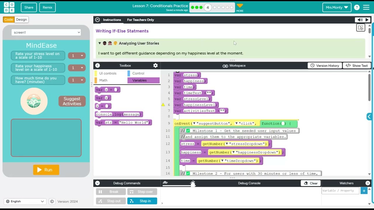 Code.org Computer Science Principles Unit 4: Lesson 7 - Path A - Mind Ease