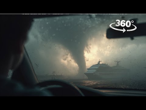 VR 360 Tornado and storm hits the city and ship Virtual Reality interactive videos