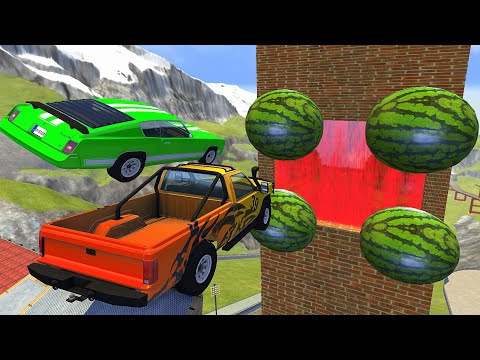 Crazy Vehicle High Speed Jumping through Watermelon Juice Wall Crash - BeamNG drive Watermelon Pool