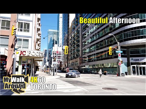 Toronto Pandemic Walk - Wellington Street during a beautiful afternoon on April 20 2020 (4k video)