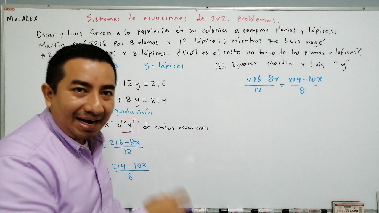 Sistemas de ecuaciones de 2×2, problema: Oscar y Luis fueron a la papelería a comprar plumas...