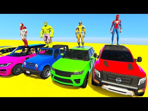 SPIDERMAN CARS Mega MULTI Ramp Challenge ! SUPERHERO GOKU Monster Truck QUAD Bike MOTOS Race - GTA V
