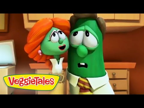 Two VeggieTales characters in a kitchen, a green cucumber-like man and an orange-haired companion, looking worried as they lean close. VeggieTales logo in corner.