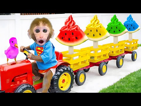 Affe Bon Bon kauft Wassermeloneneis und isst mit dem Welpen auf der Farm | BONBON GERMAN