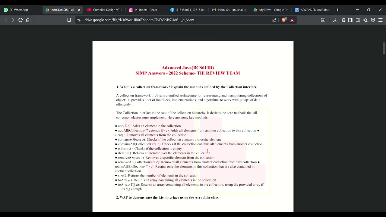 Advanced Java VTU - cheat code 6th sem (passing package)