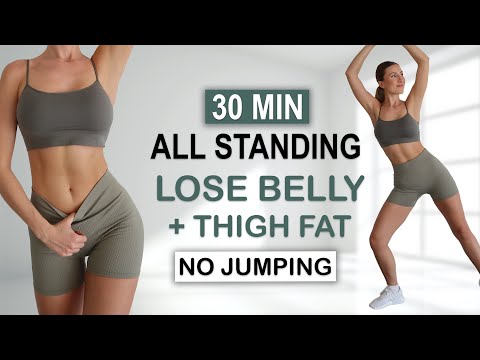 30 Min ALL STANDING CARDIO - ABS + THIGH Workout | Lose Belly + Thigh Fat | No Jumping, No Repeat