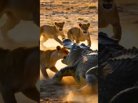 Lionesses vs. Crocodile: A Ferocious Showdown at Sunset #discovery
