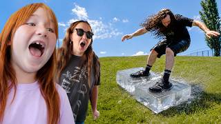 Sliding with FROZEN FEET on GRASS!! Jenny's Surprise Birthday! ice shoes, Dino Painting, & Mermaids