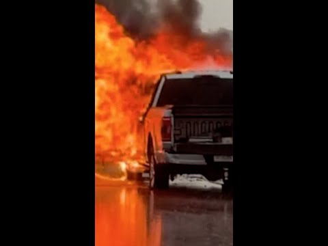 Truck bursts into flames after being struck by lightning