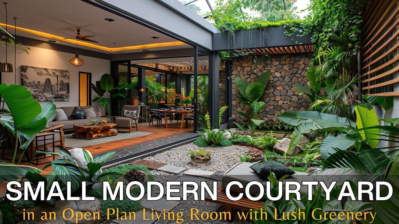 A Small Modern Tropical Courtyard Garden in the Center of an Open Plan Living Room & Lush Greenery