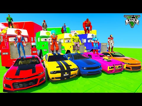 SPIDERMAN CARS Racing on MEGA Color BLOCKS Rampa ! SUPERHERO HULK Goku JEEP JETSKI Epic Race - GTA 5